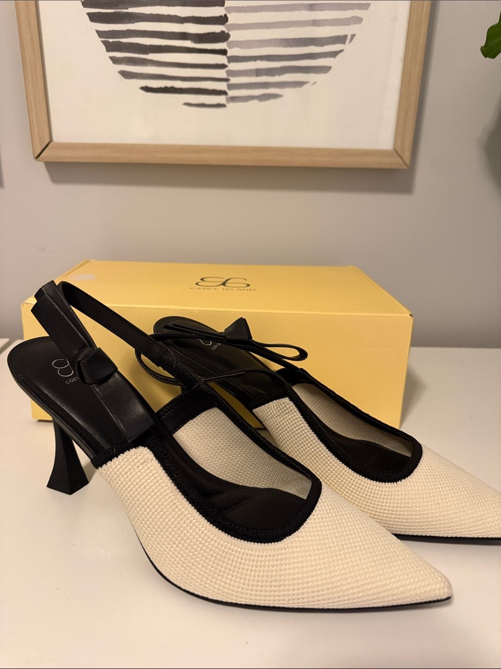 Cosy Island Slingback Pointed Toe Heels in Cream and Black